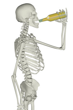 man scheleton while drink on bottle
