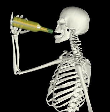 man scheleton while drink on bottle