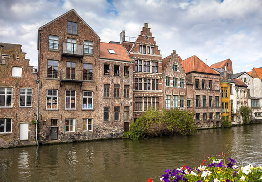 Historic buildings next to the river in the Ghent city center, Belgium