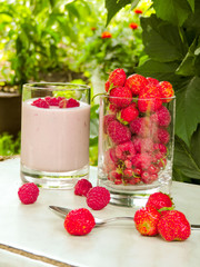 Set of various fresh summer berries. Close up, selective focus.Summer healthy fruit. Food pattern.Summer Food Concept. Homemade yogurt with fresh strawberry and  raspberries.Top view.berry fruit.