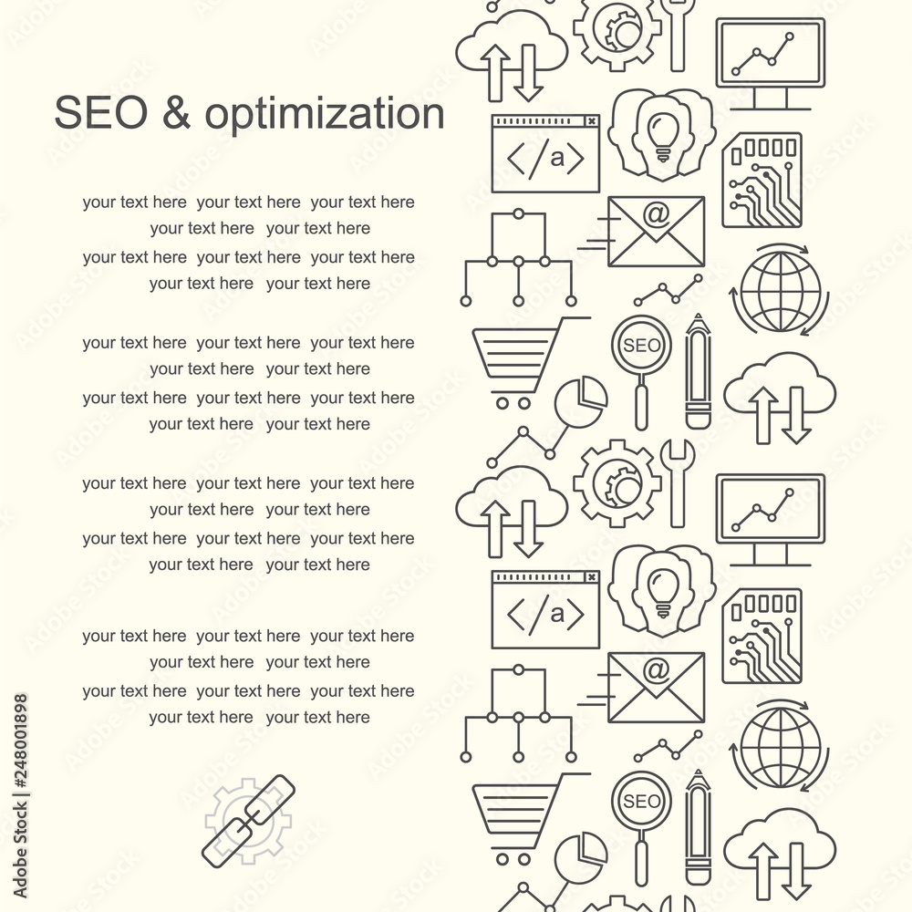 Poster vector seo and development pattern with linear icons. line style optimization and internet technolog