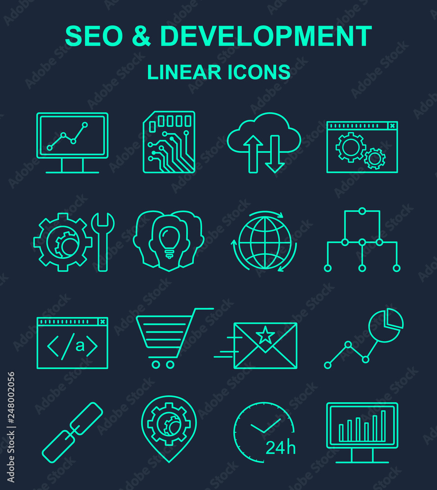 Poster vector seo and development linear icons set. line style optimization and internet technology symbols