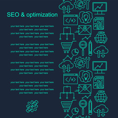 Vector SEO and development pattern with linear icons. Line style optimization and internet technology background.