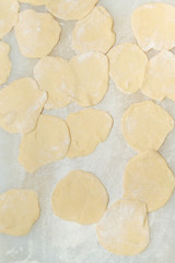 The rolled out pieces of raw dough is prepared for molding homemade ravioli