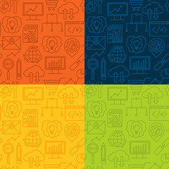 Seamless Vector SEO and development pattern with linear icons. Line style optimization and internet technology background.