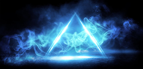 Background of an empty wall, a ray of light in the basement, smoke, neon light. Magic