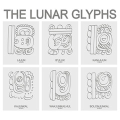 vector icon set with moon period and associated glyphs 