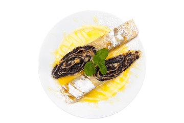 Two Tasty pancakes with poppy and honey isolated on White Background. Fresh Homemade Crepes