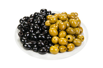 fresh black and green olives on the plate isolated on white background