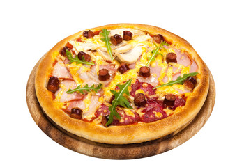 Classic fresh Italian Pizza with meat (Cheese, mozzarella,parmesan, salmon, bacon, pork, meat, sausage, salami and chicken)on wooden board isolated on white background