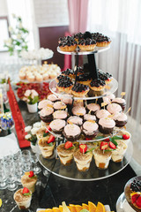 Sweets and fruits decorated at the desert table.