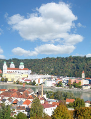 Blick auf die Drei-Flüsse-Stadt Passau im Bayerischen Wald,Niederbayern,Deutschland