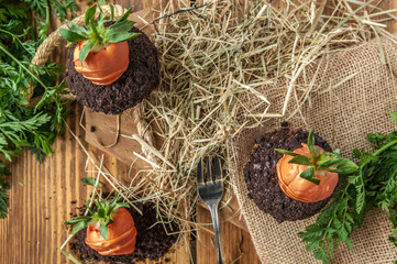 Easter cupcake on wooden background with cookie earth and strawberry carrots