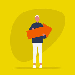 Young male character holding a big red arrow. Success. Growth. Efficient management. Flat editable vector illustration, clip art