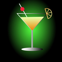 Glass of martini on a green shine background. Cocktail party concept, logo design. Vector EPS10