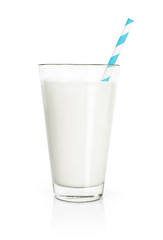 Glass of fresh milk with drinking straw, isolated on white background. Pure milk, soy milk or cow...