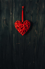  Red heart on old wood. Holidays card with copy space. Valentines day 
