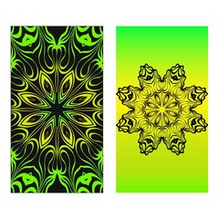 Neon color Set of two design template brochures, cards, invitations, flyers with mandala ornament for a yoga studio. Vector illustration