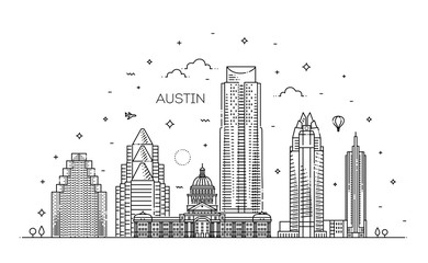 Naklejka premium Ilustracja panoramę linii architektury Austin. Liniowy wektor gród ze słynnymi zabytkami