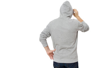 Man in template mens hoodie sweatshirt isolated on white background. Man in blank sweatshirt hoody with copy space and mockup for design logo print, back view.