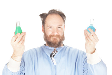 Scientist is holding two chemicals science experiment chemistry discovery blue green liquids in bottle