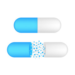 Capsule pill. Small balls pouring from an open medical capsule. Vector illustration.