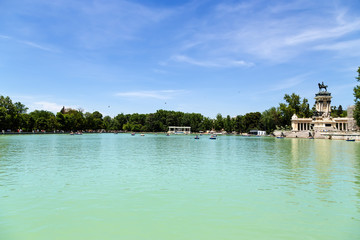 Madrid, Spain. Big pond and monument to Alfonso XII in the Retiro Park