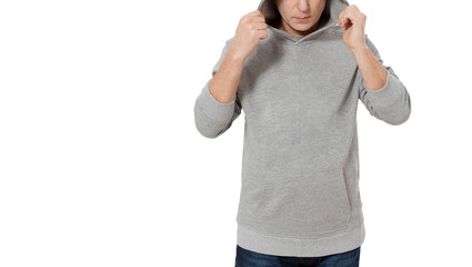 Man in gray sweatshirt template isolated. Male sweatshirts set with mockup and copy space. Hoody design. Hoodie front cropped image view. Closeup