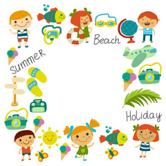 Beach and children. Summer vacation. Ocean, sea. Cartoon kids swimming.