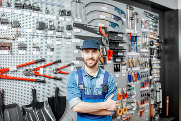 Portrait of a handsome worker in uniform standing in the shop with garden equipment on the...