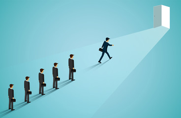 Businessmen are competing walk to reach the door of business success. career advancement. creative idea. leadership. startup. illustration cartoon vector