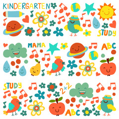Kindergarten pattern for little children. Cute icons and characters for kids.