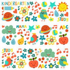 Obraz premium Kindergarten pattern for little children. Cute icons and characters for kids.