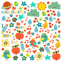 Kindergarten pattern for little children. Cute icons and characters for kids.