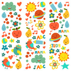 Kindergarten pattern for little children. Cute icons and characters for kids.