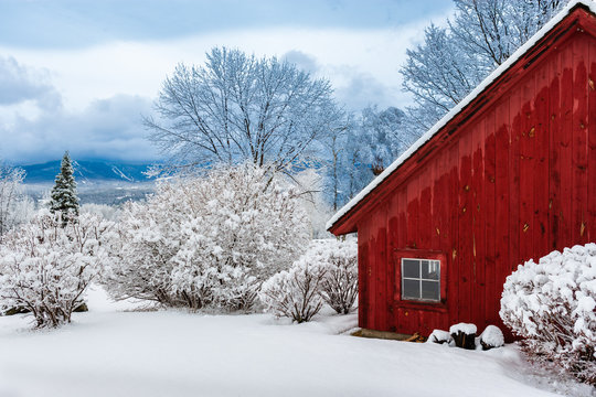 Red barn during winter with snow, Stowe, Vermont, USA