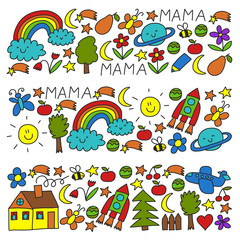 Naklejka premium Kindergarten pattern for little children. Cute icons and characters for kids. Rocket, space, moon.