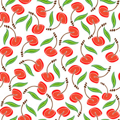 Sweet cherry fruit color vector plain seamless garden pattern. Simplified retro illustration. Wrapping or scrapbook paper background.Childish doodle art. Element for design, wallpaper, fabric printing