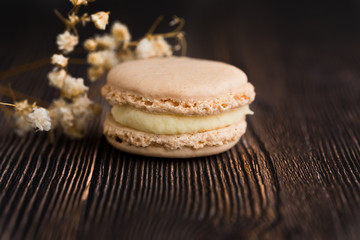 Vanille Macaron auf braunem Holz