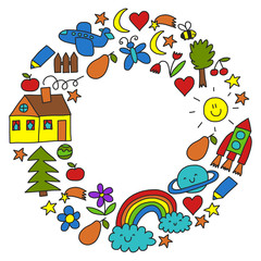 Kindergarten pattern for little children. Cute icons and characters for kids. Rocket, space, moon.