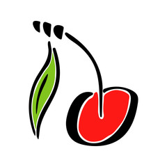 Sweet cherry juicy fruit leaf vector color abstract garden icon. Simplified retro illustration. Wrapping or scrapbook paper background.Childish doodle art. Element design, wallpaper, fabric printing.