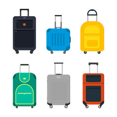 Flat vector set of travel suitcase on wheels. Tourist bags. Baggage of traveler. Graphic elements for poster or flyer
