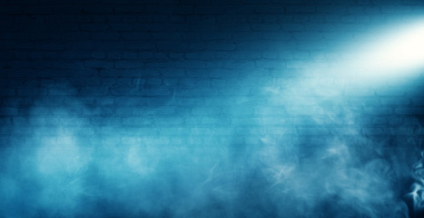 Background of empty brick old wall, spotlight, neon light, smoke