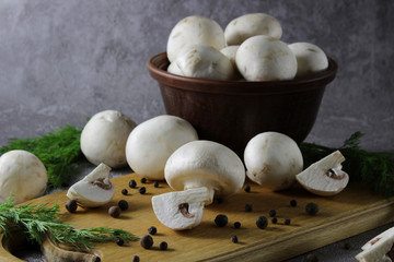 View of sliced champignon mushrooms. Ingredients for cooking tasty festive dishes