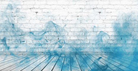 Background of empty white brick old wall, wooden floor, blue smoke