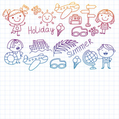 Vector pattern with children icons. Summer vacation at seashore, sea, ocean, beach. Small kids having fun.