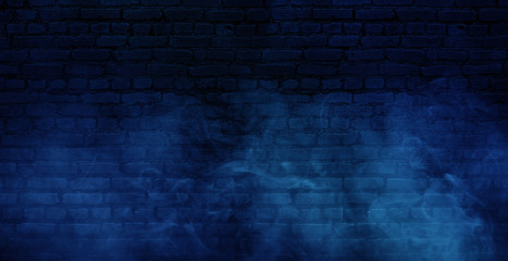 Background of empty brick old wall, spotlight, neon light, smoke