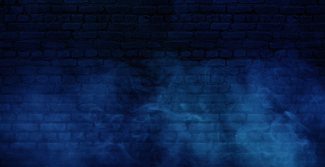 Background of empty brick old wall, spotlight, neon light, smoke