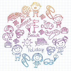 Vector pattern with children icons. Summer vacation at seashore, sea, ocean, beach. Small kids having fun.