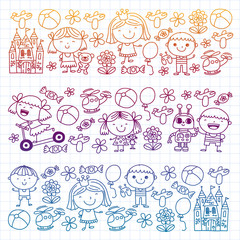 Children with toys. Colorful pattern for kindergarten posters.